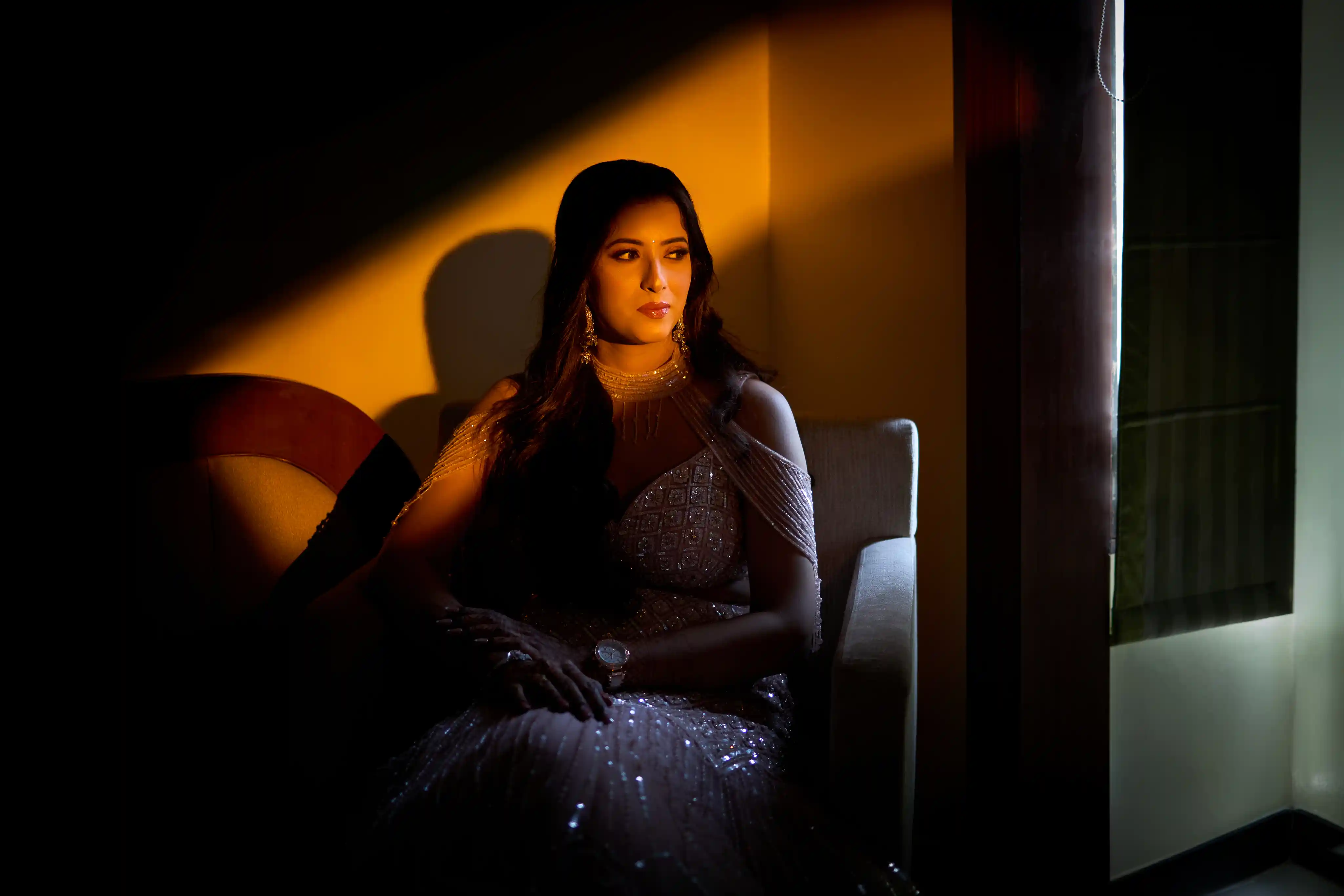 Bride-to-be in golden evening light at The Pinnacle Inn Sarnath Varanasi engagement by The WeddingShoot